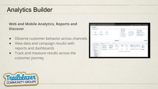 Analytics Builder
Web and Mobile Analytics, Reports and
Discover
● Observe customer behavior across channels
● View data and campaign results with
reports and dashboards
● Track and measure results across the
customer journey
 