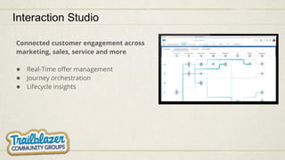 Interaction Studio
Connected customer engagement across
marketing, sales, service and more
● Real-Time offer management
● Journey orchestration
● Lifecycle insights
 