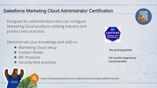 Salesforce Marketing Cloud Administrator Certification
Designed for administrators who can configure
Marketing Cloud products utilizing industry and
product best practices.
Demonstrate your knowledge and skills in:
● Marketing Cloud setup
● Contact Model
● MC Products
● Security best practices
No prerequisites
3-6 months experience
recommended
https://trailhead.salesforce.com/credentials/marketingcloudadministrator
 