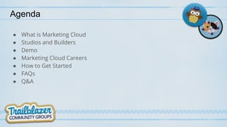 Agenda
● What is Marketing Cloud
● Studios and Builders
● Demo
● Marketing Cloud Careers
● How to Get Started
● FAQs
● Q&A
 