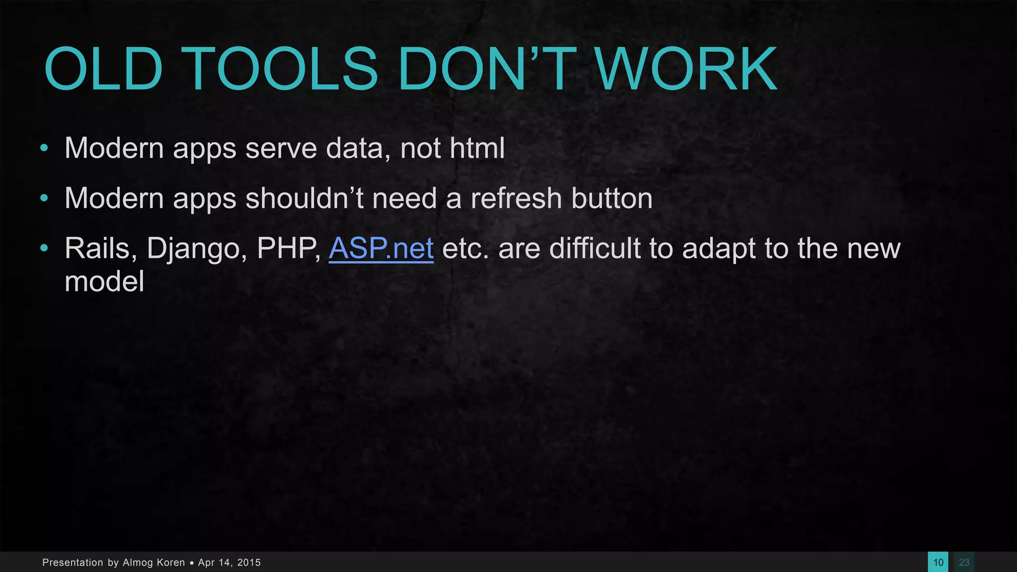 2310Presentation by Almog Koren  Apr 14, 2015
OLD TOOLS DON’T WORK
• Modern apps serve data, not html
• Modern apps shouldn’t need a refresh button
• Rails, Django, PHP, ASP.net etc. are difficult to adapt to the new
model
 