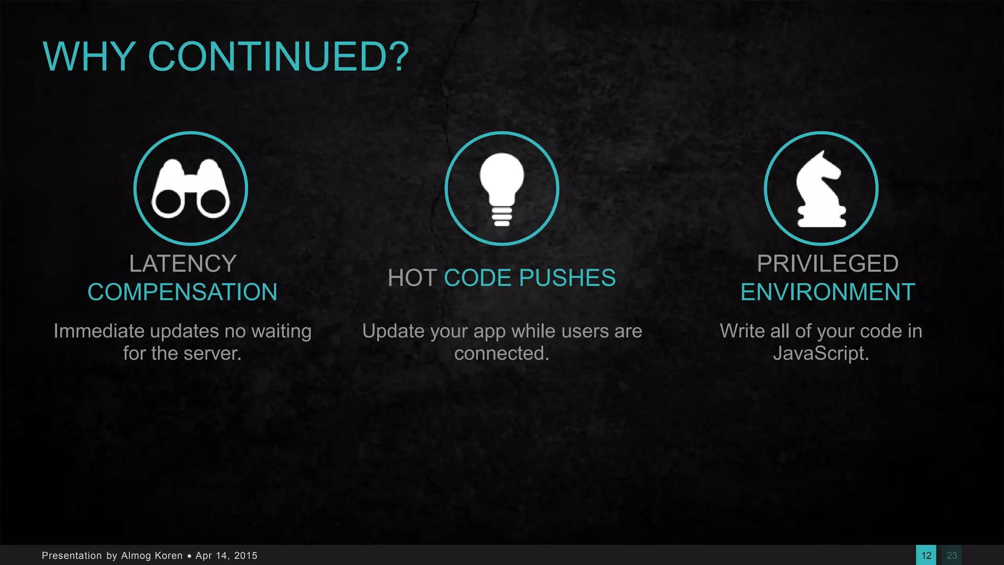 2312Presentation by Almog Koren  Apr 14, 2015
WHY CONTINUED?
LATENCY
COMPENSATION
Immediate updates no waiting
for the server.
HOT CODE PUSHES
Update your app while users are
connected.
PRIVILEGED
ENVIRONMENT
Write all of your code in
JavaScript.
 