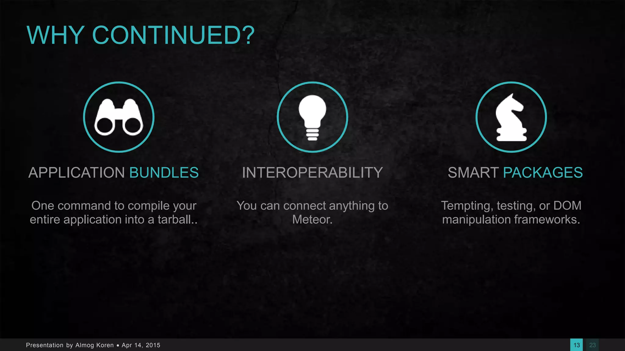 2313Presentation by Almog Koren  Apr 14, 2015
WHY CONTINUED?
APPLICATION BUNDLES
One command to compile your
entire application into a tarball..
INTEROPERABILITY
You can connect anything to
Meteor.
SMART PACKAGES
Tempting, testing, or DOM
manipulation frameworks.
 