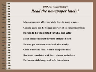 BIO 304 Microbiology
Read the newspaper lately?
Microorganisms affect our daily lives in many ways….
Canada geese can be winged couriers of so-called superbugs
Horses to be vaccinated for EEE and WNV
Staph infections latest threat to athlete’s health
Human gut microbes associated with obesity
Clean water and food: what is acceptable risk?
Bad teeth correlated with heart disease and others
Environmental change and infectious disease
 