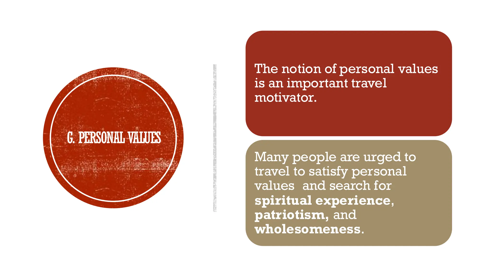 G. PERSONALVALUES
The notion of personal values
is an important travel
motivator.
Many people are urged to
travel to satisfy personal
values and search for
spiritual experience,
patriotism, and
wholesomeness.
 