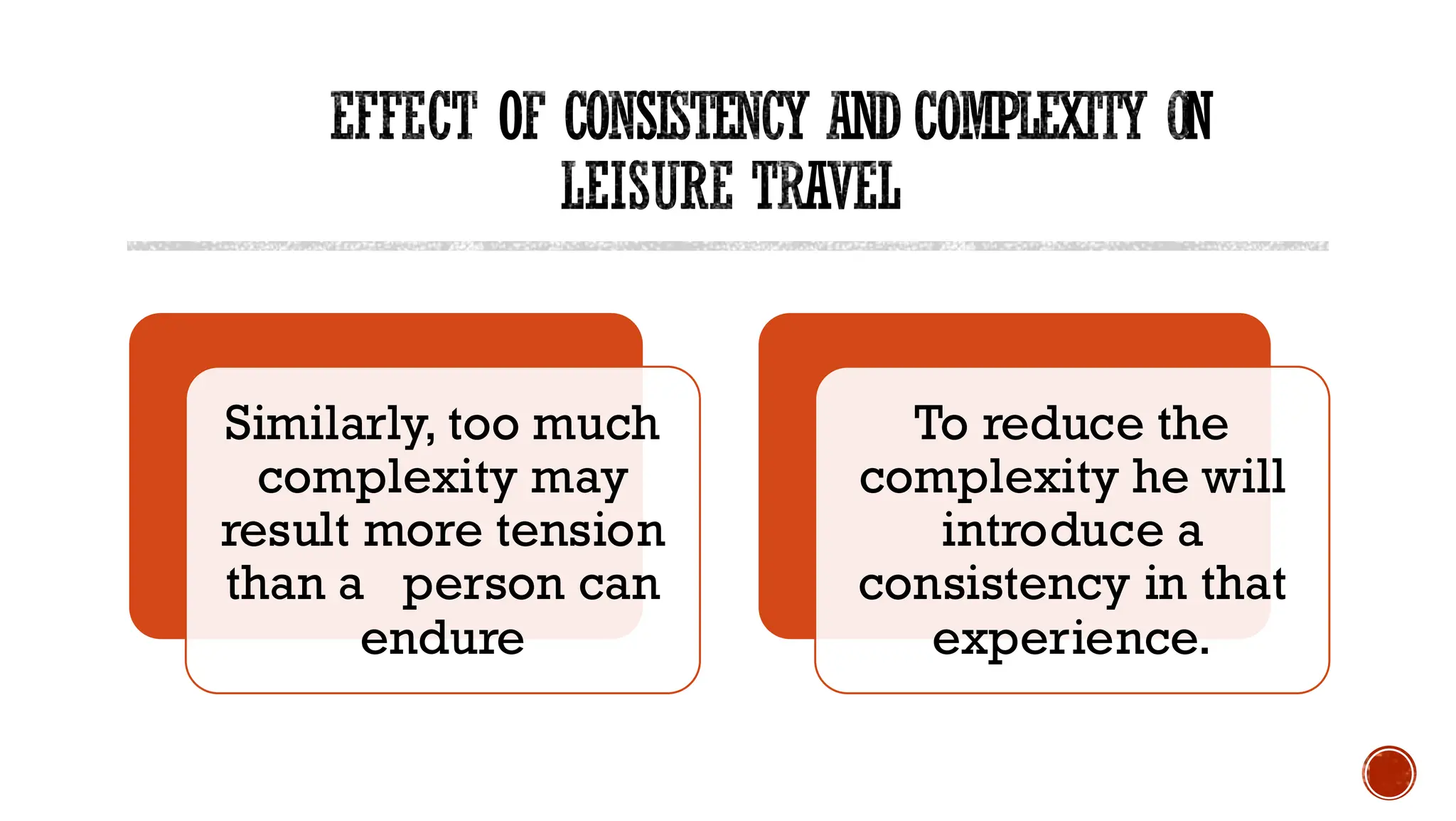 EFFECT OF CONSISTENCY AND COMPLEXITY ON
LEISURE TRAVEL
Similarly, too much
complexity may
result more tension
than a person can
endure
To reduce the
complexity he will
introduce a
consistency in that
experience.
 