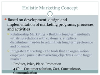 Holistic Marketing Concept

Based on development, design and
 implementation of marketing programs, processes
 and activi...