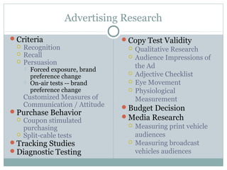 Advertising Research
Criteria                        Copy Test Validity
  Recognition                     Qualitative Research
  Recall
                                   Audience Impressions of
  Persuasion
                                    the Ad
       Forced exposure, brand
                                   Adjective Checklist
        preference change
       On-air tests -- brand      Eye Movement
        preference change          Physiological
   Customized Measures of           Measurement
   Communication / Attitude      Budget Decision
Purchase Behavior
  Coupon stimulated
                                 Media Research
                                   Measuring print vehicle
   purchasing
  Split-cable tests                audiences
Tracking Studies                  Measuring broadcast
Diagnostic Testing                 vehicles audiences
 