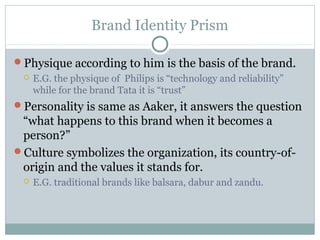 Brand Identity Prism

Physique according to him is the basis of the brand.
    E.G. the physique of Philips is “technology and reliability”
     while for the brand Tata it is “trust”
Personality is same as Aaker, it answers the question
 “what happens to this brand when it becomes a
 person?”
Culture symbolizes the organization, its country-of-
 origin and the values it stands for.
    E.G. traditional brands like balsara, dabur and zandu.
 