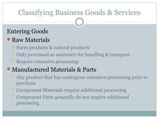 Classifying Business Goods & Services

Entering Goods
Raw Materials
    Farm products & natural products
    Only processed as necessary for handling & transport
    Require extensive processing
Manufactured Materials & Parts
    Any product that has undergone extensive processing prior to
     purchase
    Component Materials require additional processing
    Component Parts generally do not require additional
     processing
 