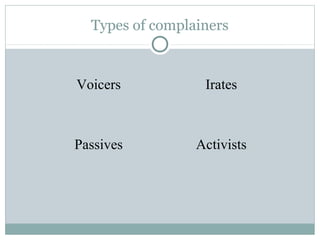 Types of complainers



Voicers           Irates



Passives         Activists
 