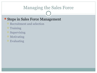 Managing the Sales Force

Steps in Sales Force Management
    Recruitment and selection
    Training
    Supervising
    Motivating
    Evaluating
 