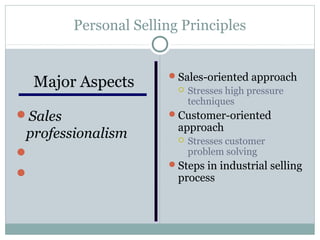 Personal Selling Principles


                       Sales-oriented approach
  Major Aspects             Stresses high pressure
                             techniques
Sales                 Customer-oriented
                         approach
 professionalism            Stresses customer
Negotiation                 problem solving
                       Steps in industrial selling
Relationship            process
 marketing
 