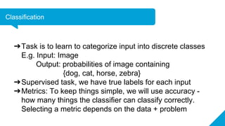 Classification
➔Task is to learn to categorize input into discrete classes
E.g. Input: Image
Output: probabilities of imag...
