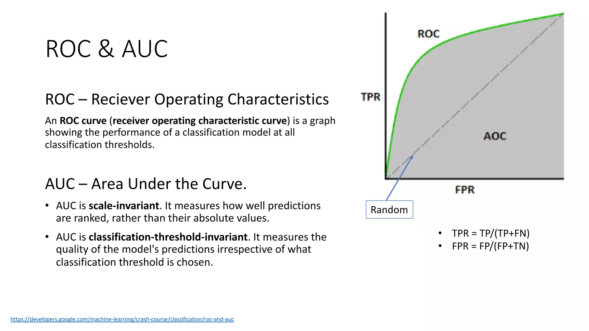 ROC & AUC
ROC – Reciever Operating Characteristics
An ROC curve (receiver operating characteristic curve) is a graph
showing the performance of a classification model at all
classification thresholds.
AUC – Area Under the Curve.
• AUC is scale-invariant. It measures how well predictions
are ranked, rather than their absolute values.
• AUC is classification-threshold-invariant. It measures the
quality of the model's predictions irrespective of what
classification threshold is chosen.
https://developers.google.com/machine-learning/crash-course/classification/roc-and-auc
• TPR = TP/(TP+FN)
• FPR = FP/(FP+TN)
Random
 