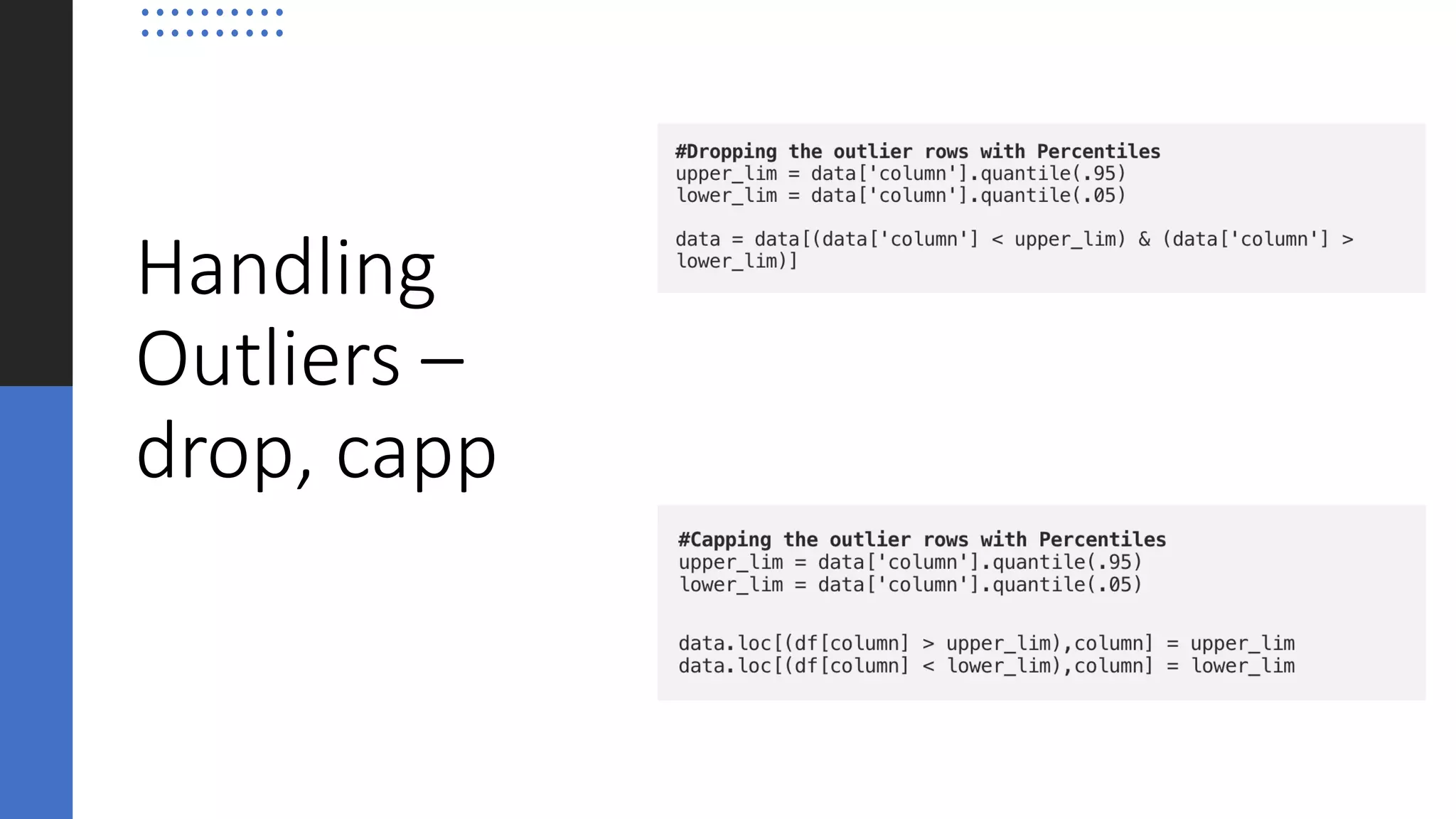 Handling
Outliers –
drop, capp
 