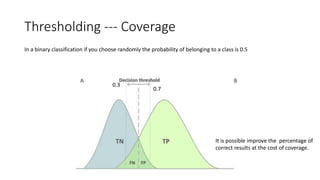 Thresholding --- Coverage
In a binary classification if you choose randomly the probability of belonging to a class is 0.5
0.3
0.7
It is possible improve the percentage of
correct results at the cost of coverage.
 