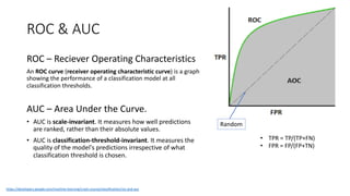 ROC & AUC
ROC – Reciever Operating Characteristics
An ROC curve (receiver operating characteristic curve) is a graph
showing the performance of a classification model at all
classification thresholds.
AUC – Area Under the Curve.
• AUC is scale-invariant. It measures how well predictions
are ranked, rather than their absolute values.
• AUC is classification-threshold-invariant. It measures the
quality of the model's predictions irrespective of what
classification threshold is chosen.
https://developers.google.com/machine-learning/crash-course/classification/roc-and-auc
• TPR = TP/(TP+FN)
• FPR = FP/(FP+TN)
Random
 
