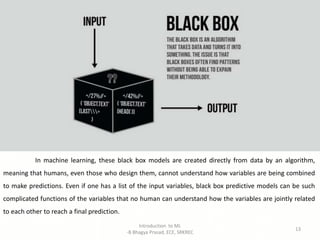Introduction to ML
-B Bhagya Prasad, ECE, SRKREC
13
In machine learning, these black box models are created directly from data by an algorithm,
meaning that humans, even those who design them, cannot understand how variables are being combined
to make predictions. Even if one has a list of the input variables, black box predictive models can be such
complicated functions of the variables that no human can understand how the variables are jointly related
to each other to reach a final prediction.
 