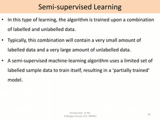 Introduction to ML
-B Bhagya Prasad, ECE, SRKREC
28
• In this type of learning, the algorithm is trained upon a combination
of labelled and unlabelled data.
• Typically, this combination will contain a very small amount of
labelled data and a very large amount of unlabelled data.
• A semi-supervised machine-learning algorithm uses a limited set of
labelled sample data to train itself, resulting in a ‘partially trained’
model.
Semi-supervised Learning
 