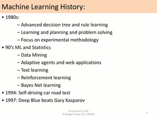 Machine Learning History:
• 1980s:
– Advanced decision tree and rule learning
– Learning and planning and problem solving
– Focus on experimental methodology
• 90's ML and Statistics
– Data Mining
– Adaptive agents and web applications
– Text learning
– Reinforcement learning
– Bayes Net learning
• 1994: Self-driving car road test
• 1997: Deep Blue beats Gary Kasparov
Introduction to ML
-B Bhagya Prasad, ECE, SRKREC
3
 