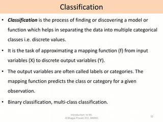 Introduction to ML
-B Bhagya Prasad, ECE, SRKREC
32
• Classification is the process of finding or discovering a model or
function which helps in separating the data into multiple categorical
classes i.e. discrete values.
• It is the task of approximating a mapping function (f) from input
variables (X) to discrete output variables (Y).
• The output variables are often called labels or categories. The
mapping function predicts the class or category for a given
observation.
• Binary classification, multi-class classification.
Classification
 