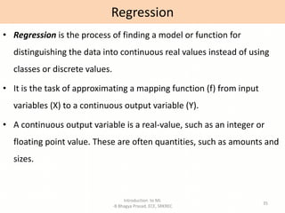 Introduction to ML
-B Bhagya Prasad, ECE, SRKREC
35
• Regression is the process of finding a model or function for
distinguishing the data into continuous real values instead of using
classes or discrete values.
• It is the task of approximating a mapping function (f) from input
variables (X) to a continuous output variable (Y).
• A continuous output variable is a real-value, such as an integer or
floating point value. These are often quantities, such as amounts and
sizes.
Regression
 