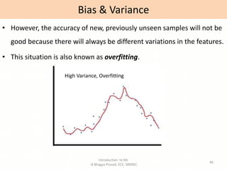 Introduction to ML
-B Bhagya Prasad, ECE, SRKREC
46
• However, the accuracy of new, previously unseen samples will not be
good because there will always be different variations in the features.
• This situation is also known as overfitting.
Bias & Variance
High Variance, Overfitting
 