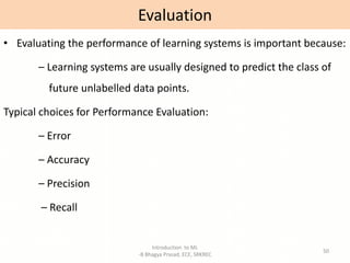 Introduction to ML
-B Bhagya Prasad, ECE, SRKREC
50
• Evaluating the performance of learning systems is important because:
– Learning systems are usually designed to predict the class of
future unlabelled data points.
Typical choices for Performance Evaluation:
– Error
– Accuracy
– Precision
– Recall
Evaluation
 