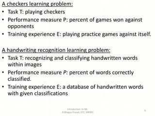 A checkers learning problem:
• Task T: playing checkers
• Performance measure P: percent of games won against
opponents
• Training experience E: playing practice games against itself.
A handwriting recognition learning problem:
• Task T: recognizing and classifying handwritten words
within images
• Performance measure P: percent of words correctly
classified.
• Training experience E: a database of handwritten words
with given classifications
Introduction to ML
-B Bhagya Prasad, ECE, SRKREC
9
 