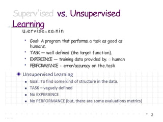 Superv'ised vs. Unsupervised
Learning
up ervised L ear nin
• Goal: A program that performs. a task as good as
humans.
• T'
A
SK — well defined (the target function).
• EXPERIENCE — training data provided by. a human
• PERFORMSNCE - error/accuracy on the.task
' ' ' ' ' ' ' ' ' ' ' ' ' ' ' ' ' ' ' ' ' ' ' ' ' ' " 2
'"'"
 