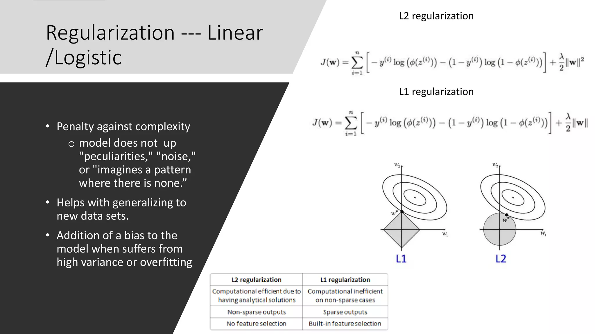 Regularization --- Linear
/Logistic
• Penalty against complexity
o model does not up
"peculiarities," "noise,"
or "imagines a pattern
where there is none.”
• Helps with generalizing to
new data sets.
• Addition of a bias to the
model when suffers from
high variance or overfitting
L2 regularization
L1 regularization
 