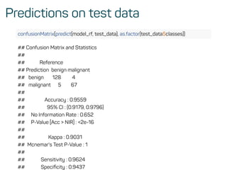 Predictions on test data
confusionMatrix(predict(model_rf, test_data), as.factor(test_data$classes))
## Confusion Matrix and Statistics
##
## Reference
## Prediction benign malignant
## benign 128 4
## malignant 5 67
##
## Accuracy : 0.9559
## 95% CI : (0.9179, 0.9796)
## No Information Rate : 0.652
## P-Value [Acc > NIR] : <2e-16
##
## Kappa : 0.9031
## Mcnemar's Test P-Value : 1
##
## Sensitivity : 0.9624
## Speciﬁcity : 0.9437
 