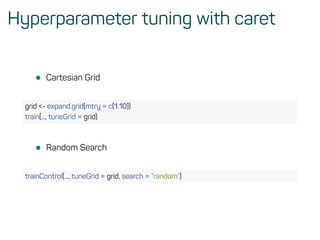 Hyperparameter tuning with caret
• Cartesian Grid
grid <- expand.grid(mtry = c(1:10))
train(..., tuneGrid = grid)
• Random Search
trainControl(..., tuneGrid = grid, search = ”random”)
 