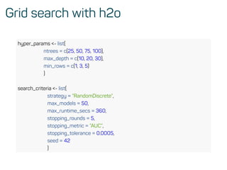 Grid search with h2o
hyper_params <- list(
ntrees = c(25, 50, 75, 100),
max_depth = c(10, 20, 30),
min_rows = c(1, 3, 5)
)
search_criteria <- list(
strategy = ”RandomDiscrete”,
max_models = 50,
max_runtime_secs = 360,
stopping_rounds = 5,
stopping_metric = ”AUC”,
stopping_tolerance = 0.0005,
seed = 42
)
 