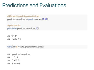Predictions and Evaluations
# Compute predictions on test set
predicted.nn.values <- predict(nn, test[2:18])
# print results
print(head(predicted.nn.values, 3))
## [1] 1 1 1
## Levels: 0 1
table(test$Private, predicted.nn.values)
## predicted.nn.values
## 0 1
## 0 47 3
## 1 4 140
 