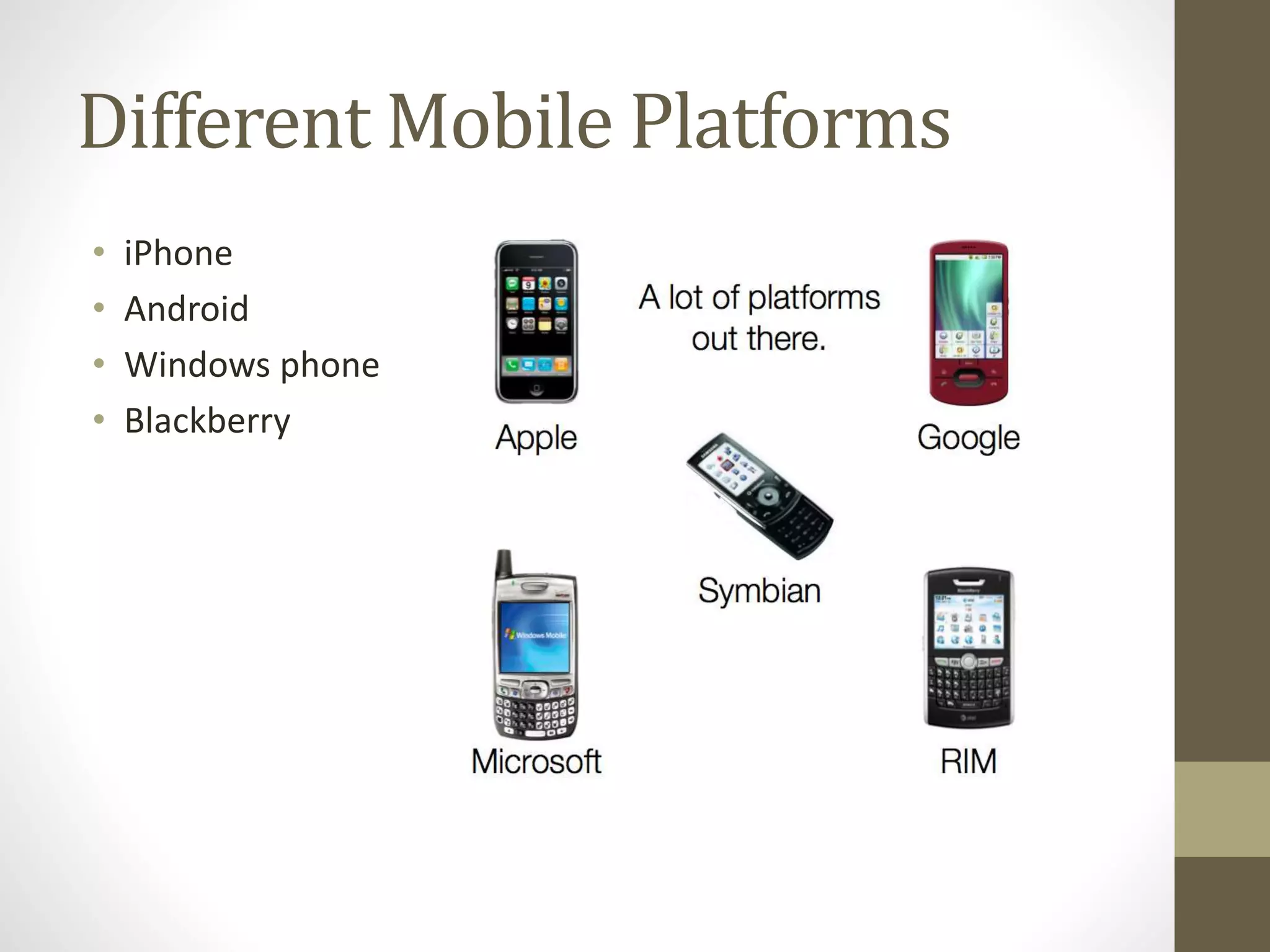 Different Mobile Platforms
• iPhone
• Android
• Windows phone
• Blackberry
 