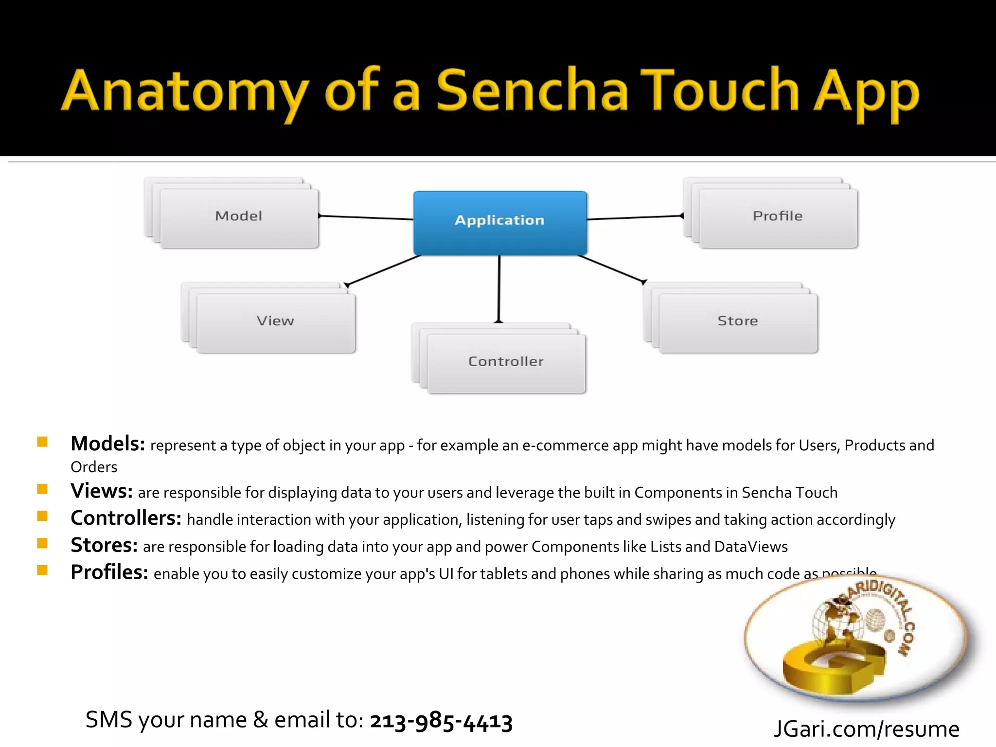    Models: represent a type of object in your app - for example an e-commerce app might have models for Users, Products and
    Orders
 Views: are responsible for displaying data to your users and leverage the built in Components in Sencha Touch
 Controllers: handle interaction with your application, listening for user taps and swipes and taking action accordingly
 Stores: are responsible for loading data into your app and power Components like Lists and DataViews
 Profiles: enable you to easily customize your app's UI for tablets and phones while sharing as much code as possible




      SMS your name & email to: 213-985-4413                                                           JGari.com/resume
 