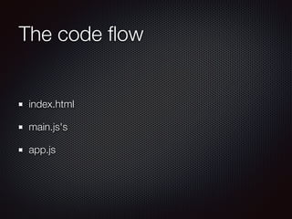 The code ﬂow
index.html
main.js's
app.js
 