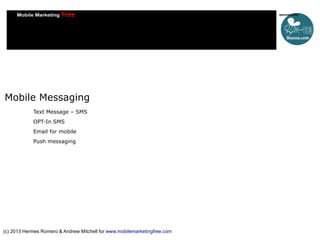 Mobile Messaging
Text Message – SMS
OPT-In SMS
Email for mobile
Push messaging

(c) 2013 Hermes Romero & Andrew Mitchell f...