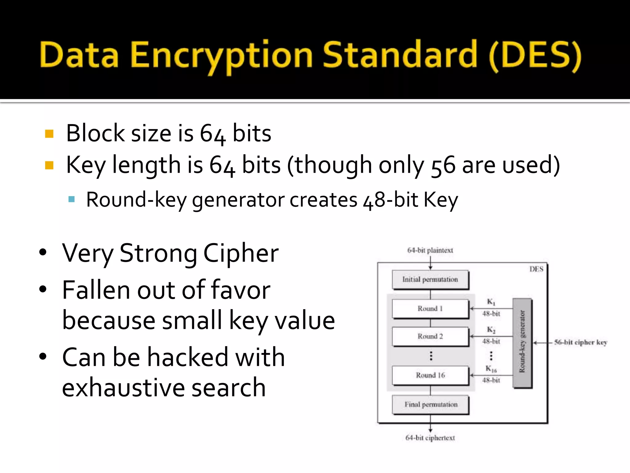  Block size is 64 bits
 Key length is 64 bits (though only 56 are used)
 Round-key generator creates 48-bit Key
• Very Strong Cipher
• Fallen out of favor
because small key value
• Can be hacked with
exhaustive search
 