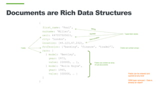 Documents are Rich Data Structures
{
first_name: ‘Paul’,
surname: ‘Miller’,
cell: 447557505611,
city: ‘London’,
location: [45.123,47.232],
Profession: [‘banking’, ‘finance’, ‘trader’],
cars: [
{ model: ‘Bentley’,
year: 1973,
value: 100000, … },
{ model: ‘Rolls Royce’,
year: 1965,
value: 330000, … }
]
}
Fields can contain an array
of sub-documents
Typed field values
Fields can contain arraysFields
Fields can be indexed and
queried at any level
ORM layer removed – Data is
already an object!
 