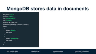 #AllThingsOpen #MongoDB @KenWAlger @Lauren_Schaefer
MongoDB stores data in documents
{
first_name: "Paul",
surname: "Miller",
cell: "447557505611",
city: "London",
location: [45.123,47.232],
profession: ["banking", "finance", "trader"],
cars: [
{
model: "Bentley",
year: 1973
},
{
model: "Rolls Royce",
year: 1965
}
]
}
 