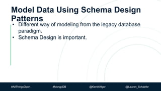 #AllThingsOpen #MongoDB @KenWAlger @Lauren_Schaefer
Model Data Using Schema Design
Patterns
• Different way of modeling from the legacy database
paradigm.
• Schema Design is important.
 