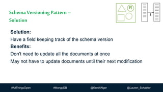 #AllThingsOpen #MongoDB @KenWAlger @Lauren_Schaefer
Solution:
Have a field keeping track of the schema version
SchemaVersioning Pattern –
Solution
Benefits:
Don't need to update all the documents at once
May not have to update documents until their next modification
 