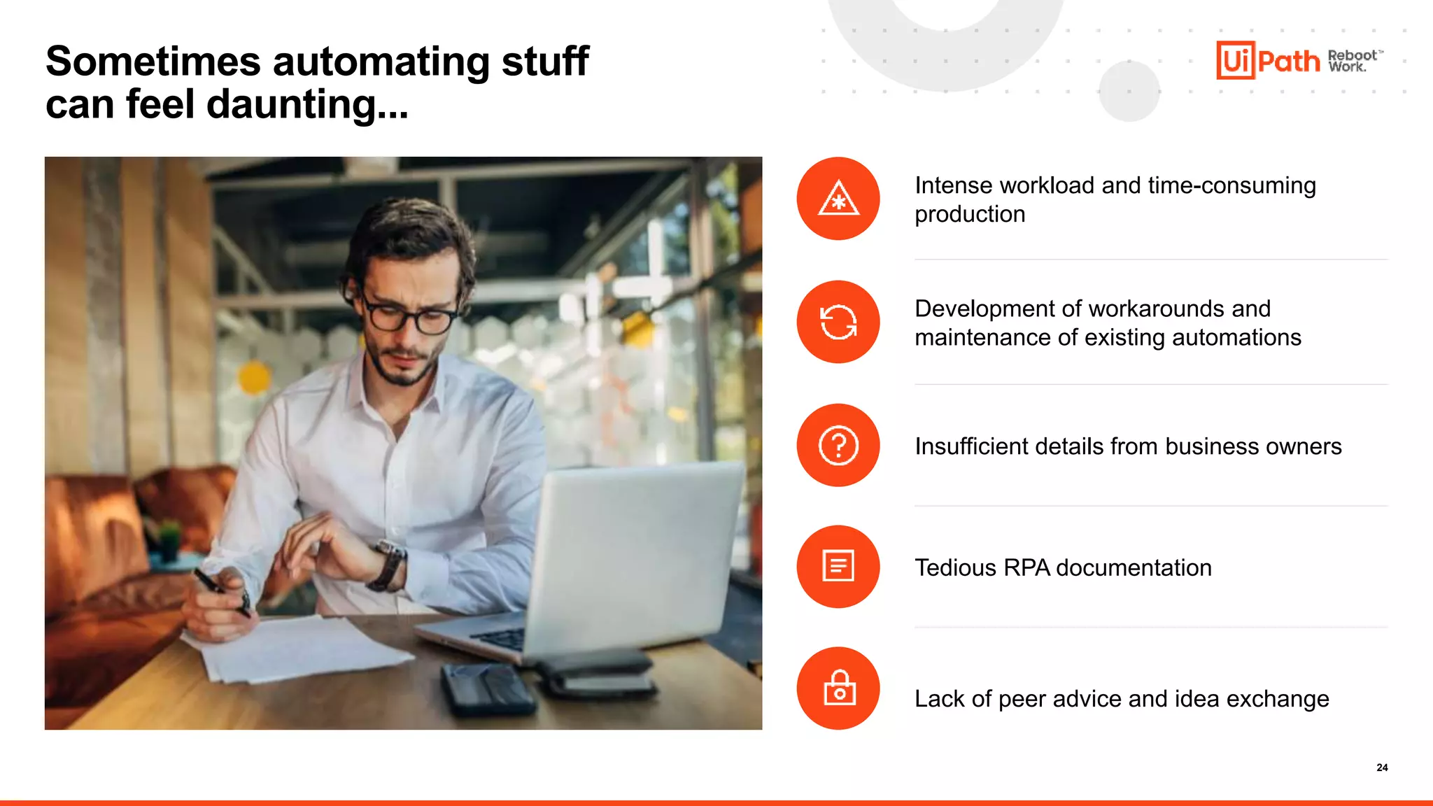 24
Sometimes automating stuff
can feel daunting...
Intense workload and time-consuming
production
Development of workarounds and
maintenance of existing automations
Insufficient details from business owners
Lack of peer advice and idea exchange
Tedious RPA documentation
 