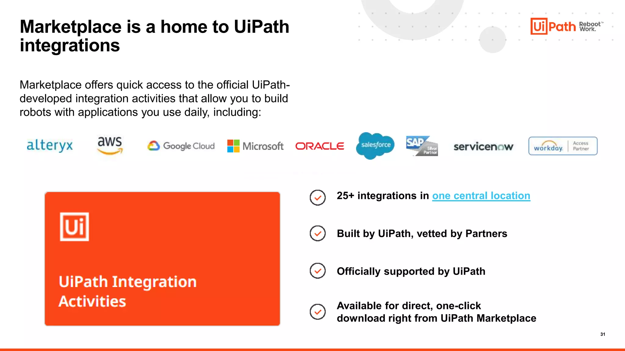 31
Marketplace is a home to UiPath
integrations
Marketplace offers quick access to the official UiPath-
developed integration activities that allow you to build
robots with applications you use daily, including:
25+ integrations in one central location
Built by UiPath, vetted by Partners
Available for direct, one-click
download right from UiPath Marketplace
Officially supported by UiPath
 