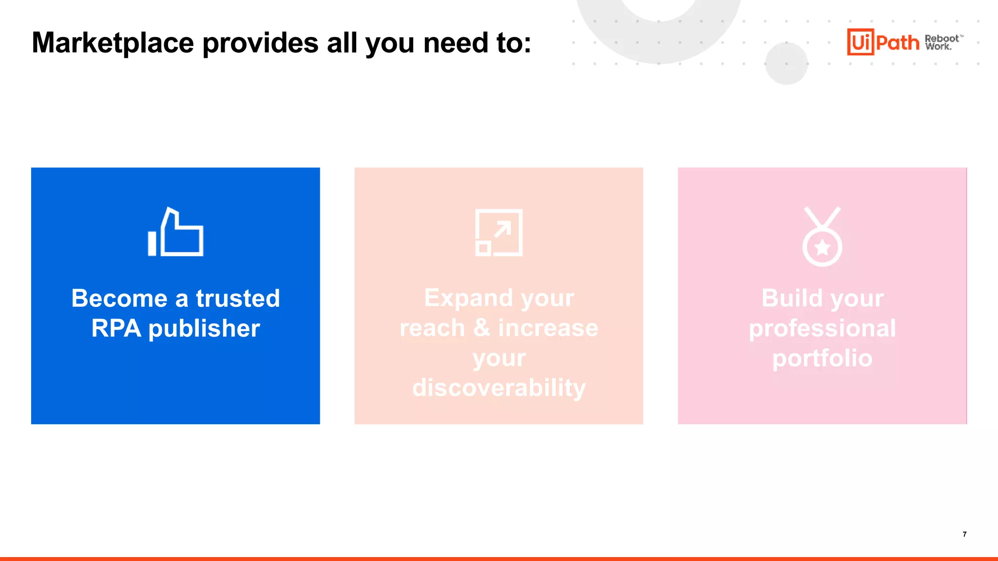 7
Marketplace provides all you need to:
Become a trusted
RPA publisher
Expand your
reach & increase
your
discoverability
Build your
professional
portfolio
 