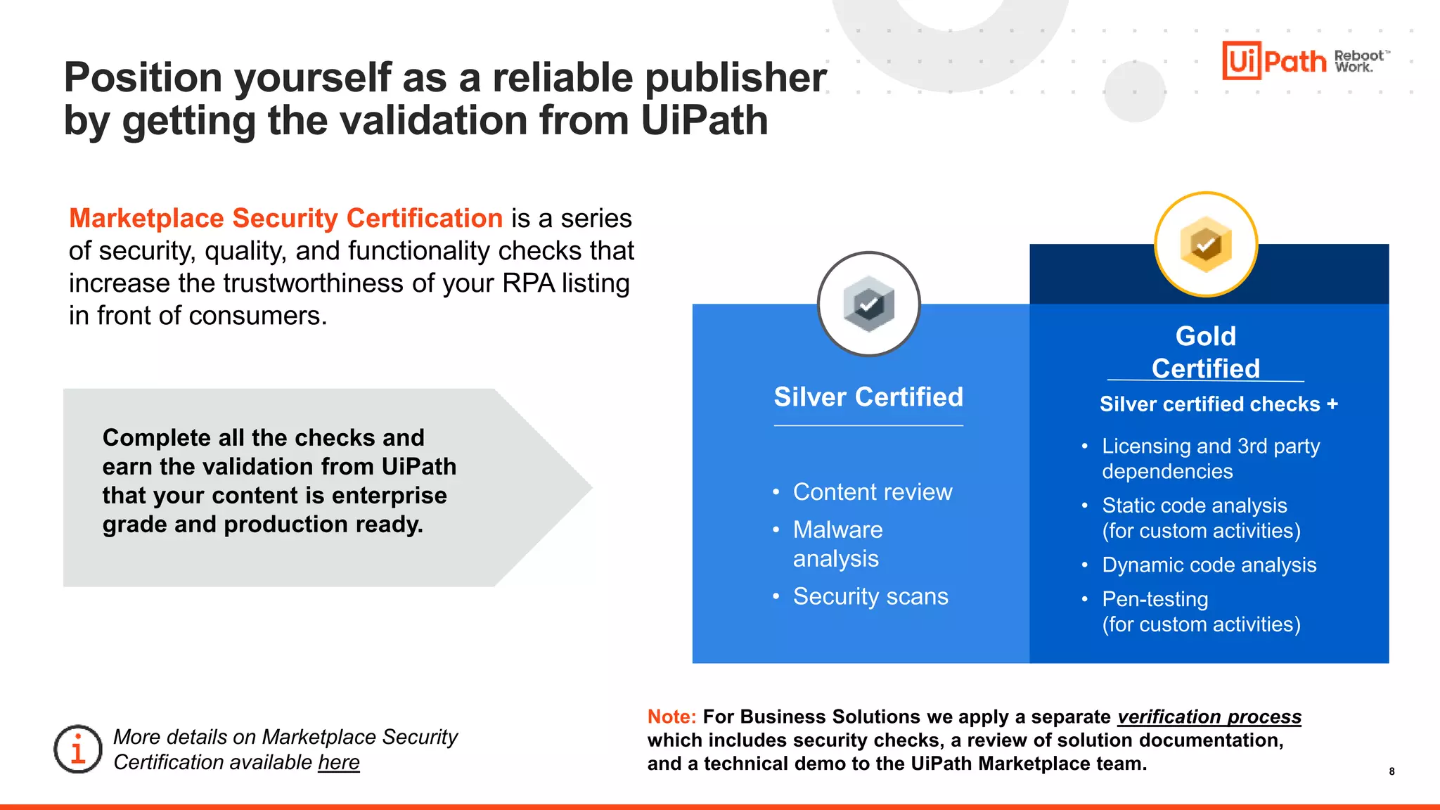 8
Marketplace Security Certification is a series
of security, quality, and functionality checks that
increase the trustworthiness of your RPA listing
in front of consumers.
Complete all the checks and
earn the validation from UiPath
that your content is enterprise
grade and production ready.
• Content review
• Malware
analysis
• Security scans
Silver Certified
Gold
Certified
• Licensing and 3rd party
dependencies
• Static code analysis
(for custom activities)
• Dynamic code analysis
• Pen-testing
(for custom activities)
Silver certified checks +
Position yourself as a reliable publisher
by getting the validation from UiPath
More details on Marketplace Security
Certification available here
Note: For Business Solutions we apply a separate verification process
which includes security checks, a review of solution documentation,
and a technical demo to the UiPath Marketplace team.
 