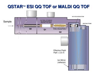 QSTAR
QSTARTM
TM
ESI QQ TOF or MALDI QQ TOF
ESI QQ TOF or MALDI QQ TOF
Q1
Ion Mirror
(reflector)
Effective Flight
Path = 2.5 m
Q2
Q0
Sample
 
